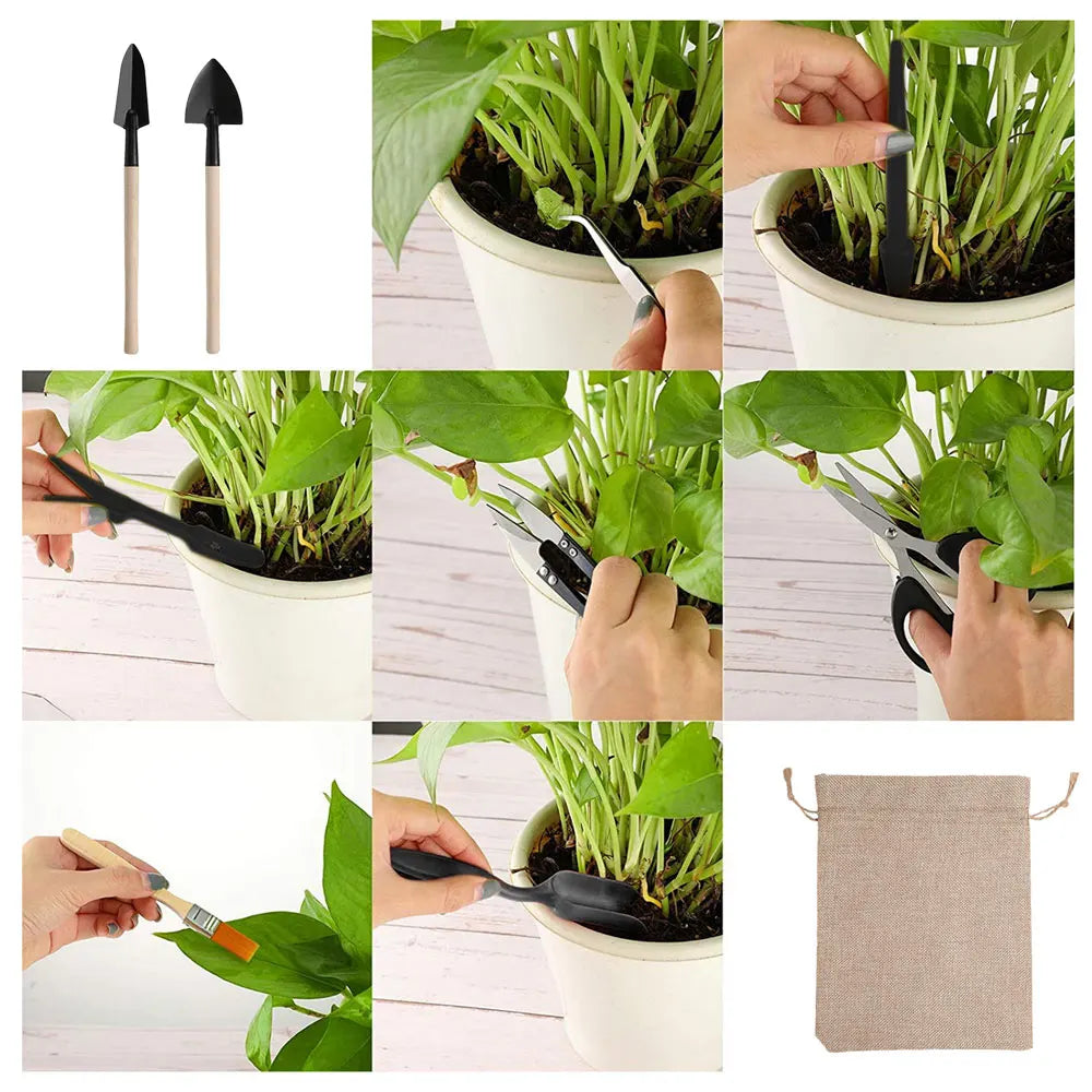 13pcs Mini Garden Shovel Rake Spade Scissors Bonsai Tools Set Wooden Handle Scissors for Flowers Potted Plant Garden Weeding