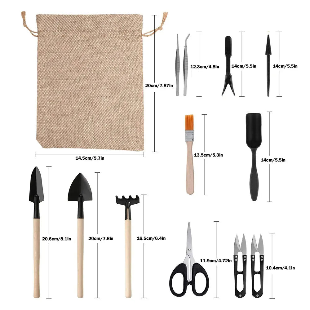 13pcs Mini Garden Shovel Rake Spade Scissors Bonsai Tools Set Wooden Handle Scissors for Flowers Potted Plant Garden Weeding