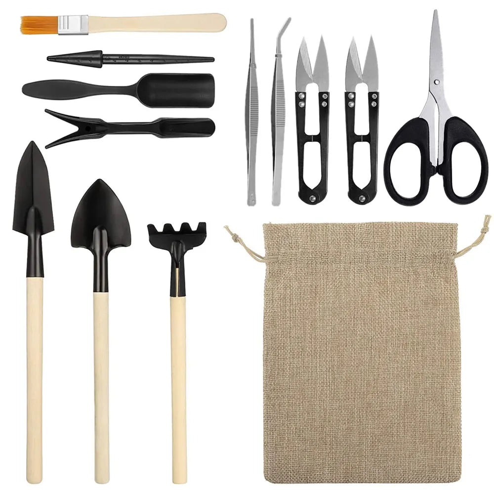 13pcs Mini Garden Shovel Rake Spade Scissors Bonsai Tools Set Wooden Handle Scissors for Flowers Potted Plant Garden Weeding