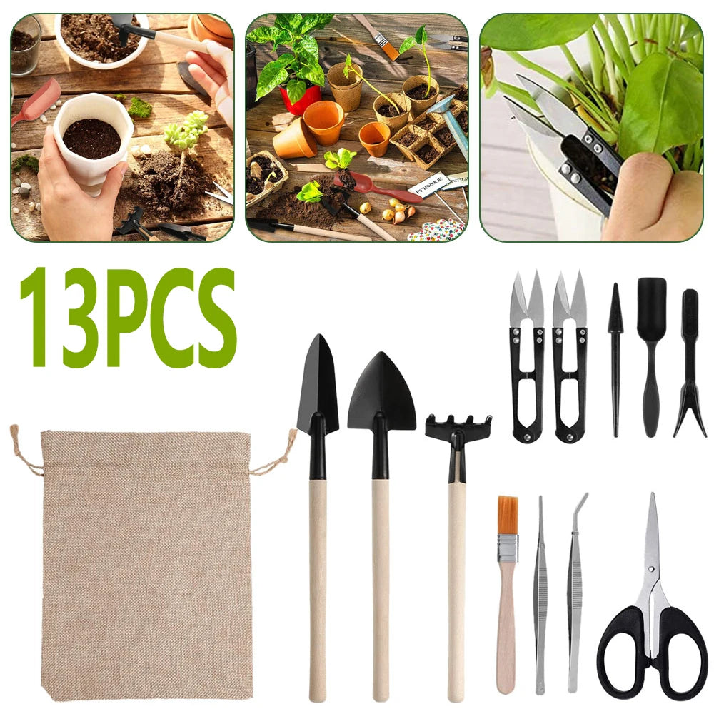 13pcs Mini Garden Shovel Rake Spade Scissors Bonsai Tools Set Wooden Handle Scissors for Flowers Potted Plant Garden Weeding